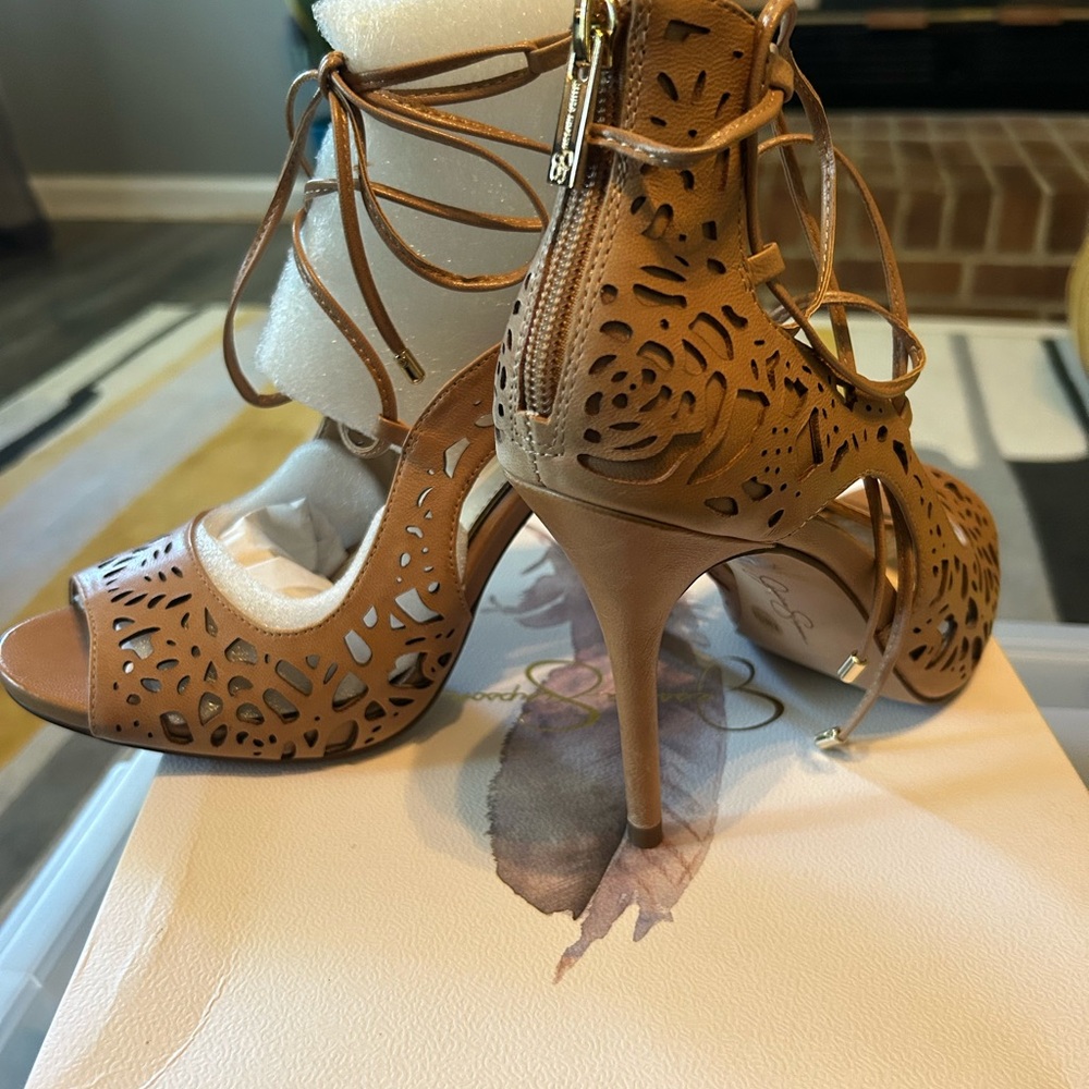 Jessica Simpson Tan Stiletto Heels with Ankle Straps